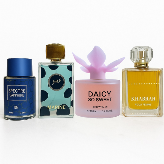 SET 4 PARFUMURI(2dama+2barbati) - KHABRAH, DAICY SO SWEET, SPECTRE SAPPHIRE, MARINE