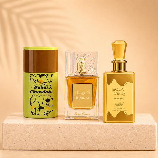 SET 3 PARFUMURI DAMĂ 100ml - ECLAT BANOFFEE + DUBAI CHOCOLATE + HUMRAH