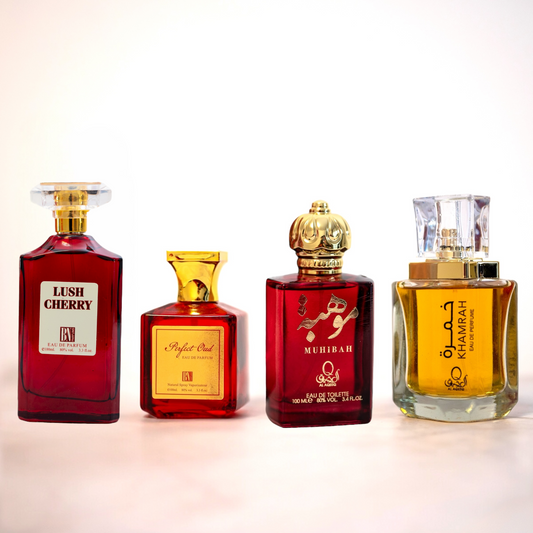 SET 4 PARFUMURI DAMĂ - Lush Cherry, Perfect Oud, Muhibah, Khamrah