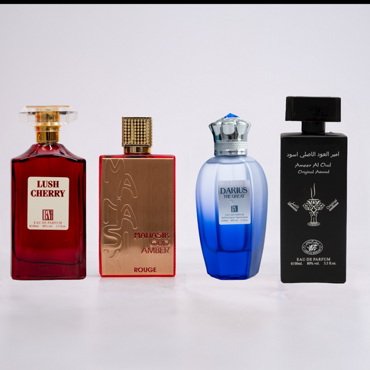 SET 2 PARFUMURI DAMĂ + 2 PARFUMURI BĂRBAȚI - Lush Cherry, Darius the Great, Manasik Rouge, Ameer al Oud Aswad