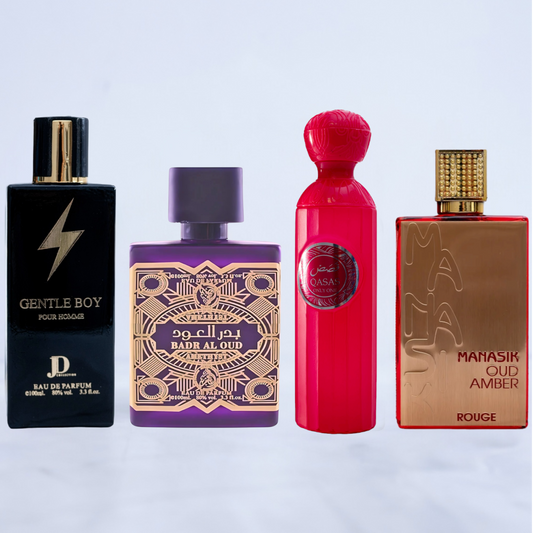 SET 2 PARFUMURI DAMA + 2 BARBATI - BADR AL OUD AMETHIST, QASAS ONLY ONE, MANASIK ROUGE, GENTLE BOY