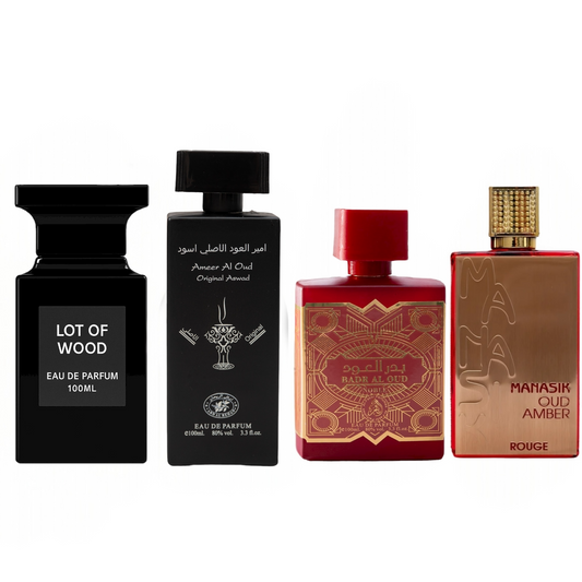 SET PARFUMURI DAMA + BARBATI - Lot of Wood, Ameer Al Oud Aswad, Badr al Oud Noble, Manasik Rouge