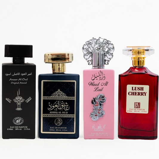 SET 4 PARFUMURI 2 DAMA + 2 BARBATI - AMEER AL OUD, ASHIQ AL OUD, WARD AL LAIL, LUSH CHERRY