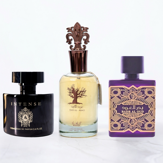 SET 3 PARFUMURI ARABESTI BARBATI - OUD LIL ABAD, INTENSE, BADR AL OUD AMETHIST