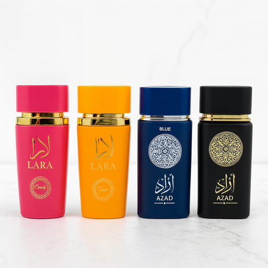 SET 4 PARFUMURI - LARA CANDY, LARA TOUS, AZAD NOIR, AZAD BLUE (dama + bărbați)
