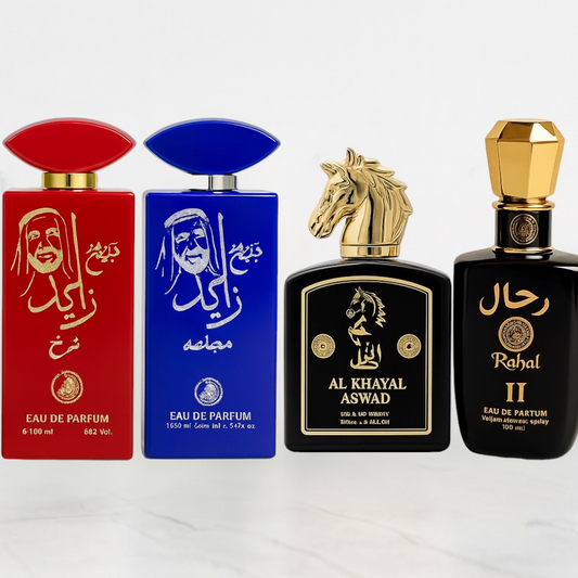 SET 4 PARFUMURI BĂRBAȚI - SHEIKH ZAYED ROSU + ALBASTRU + RAHAL II +AL KHAYAL ASWAD