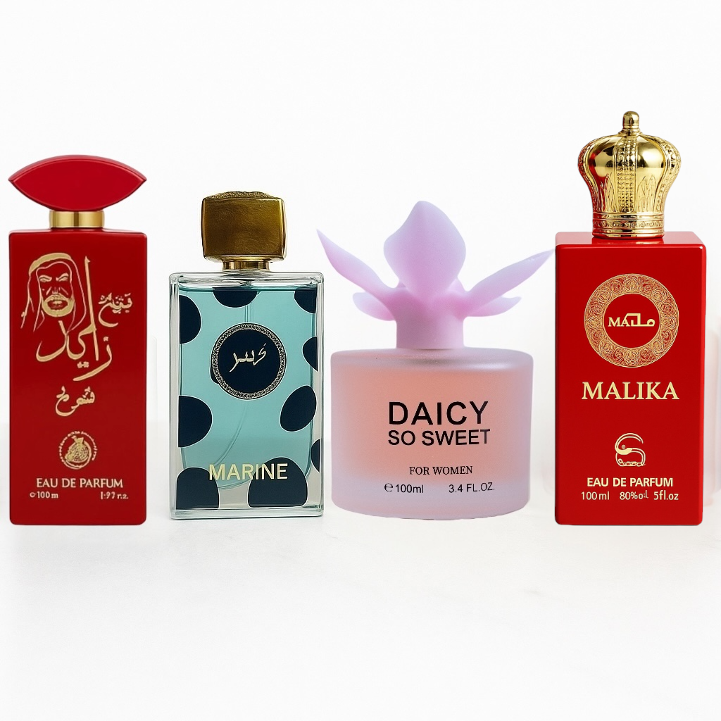 SET 4 PARFUMURI(2dama+2barbati) - MALIKA, DAICY SO SWEET, SHEIKH ZAYED ROSU, MARINE