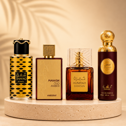 SET 4 PARFUMURI UNISEX 100ML - SHAFAQ INTENSE + OUD AMBER AMEERAT + HUMRAH DKHOUN + QASAS LUNAIRE