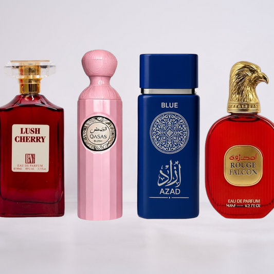 SET 2 PARFUMURI DAMĂ + 2 PARFUMURI BĂRBAȚI - Lush Cherry, Qasas Blush, Azad Blue, Rouge Falcon