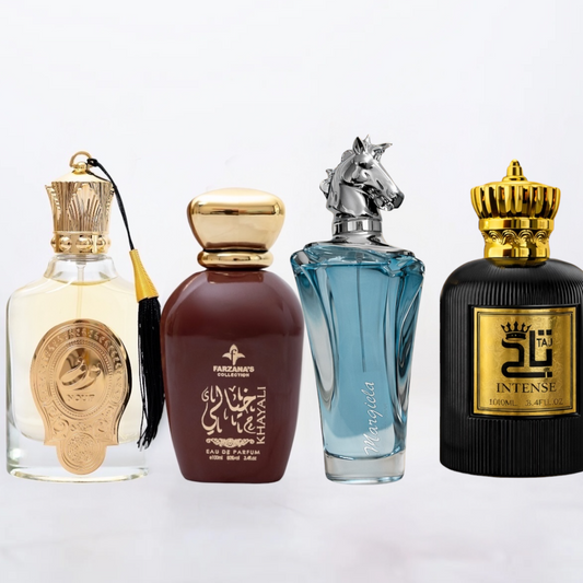 SET 2 PARFUMURI DAMĂ+2 BĂRBAȚI - Khayali, Nouf, Margiella Black, Intense