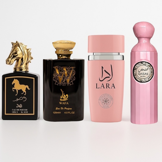 SET 4 PARFUMURI (DAMA + BARBATESTI) - QASAS BLUSH + WAFA + AL KHAYAL ASWAD + LARA