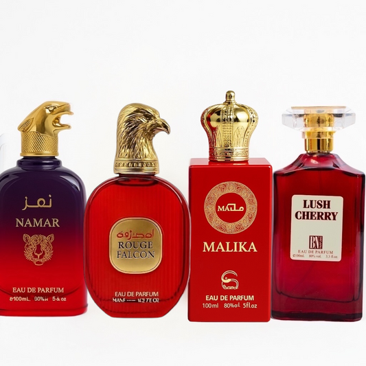 SET 4 PARFUMURI 2 DAMA + 2 BARBATI - NAMAR, ROUGE FALCON, MALIKA, LUSH CHERRY
