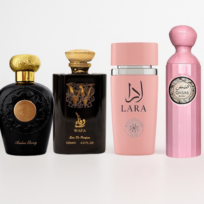 SET 4 PARFUMURI (DAMA + BARBATESTI) - QASAS BLUSH + WAFA + AMBER EBONY + LARA
