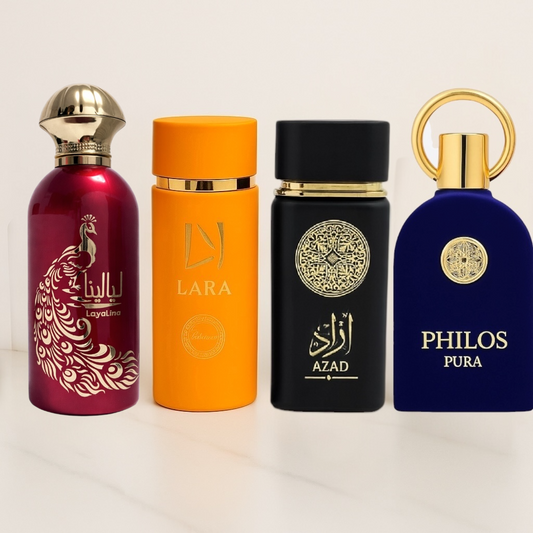SET 4 PARFUMURI (DAMA+BARBATESTI) - AZAD NOIR + LAYALINA + LARA TOUS + PHILOS PURA