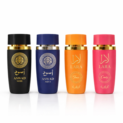 SET 4 PARFUMURI - LARA, LARA CANDY, ASWAD NOIR, ASWAD BLUE (dama + bărbați)