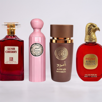 SET 2 PARFUMURI DAMĂ + 2 PARFUMURI BĂRBAȚI - Lush Cherry, Qasas Blush, Aswad Bourbon, Rouge Falcon