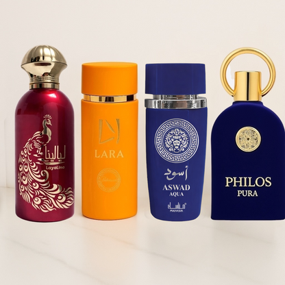 SET 4 PARFUMURI (DAMA+BARBATESTI) - ASWAD AQUA + LAYALINA + LARA TOUS + PHILOS PURA