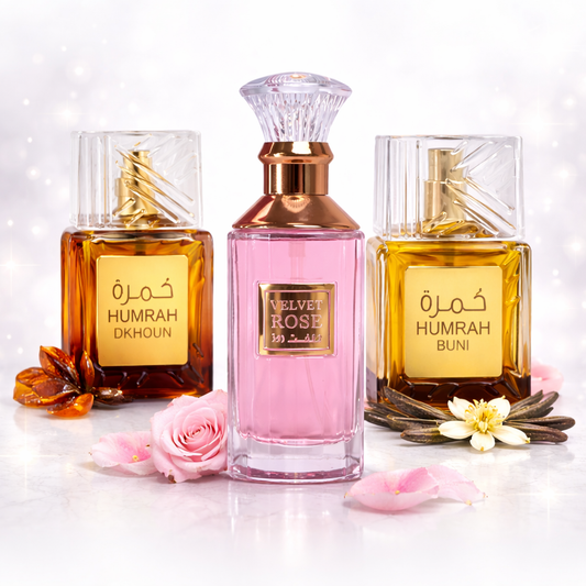 SET 3 PARFUMURI DAMA 100ml - HUMRAH BUNI + VELVET ROSE + HUMRAH DKHOUN