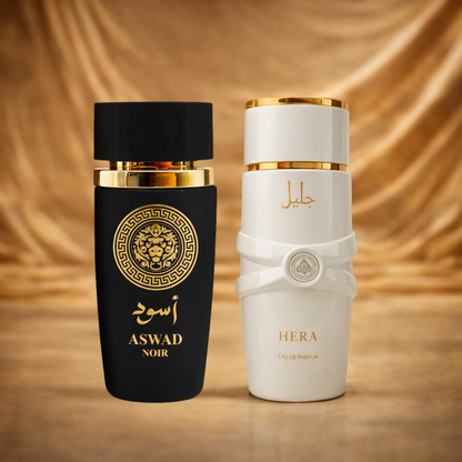 SET 1 PARFUM DE DAMA + 1 PARFUM BARBATESC - ASWAD NOIR + HERA WHITE