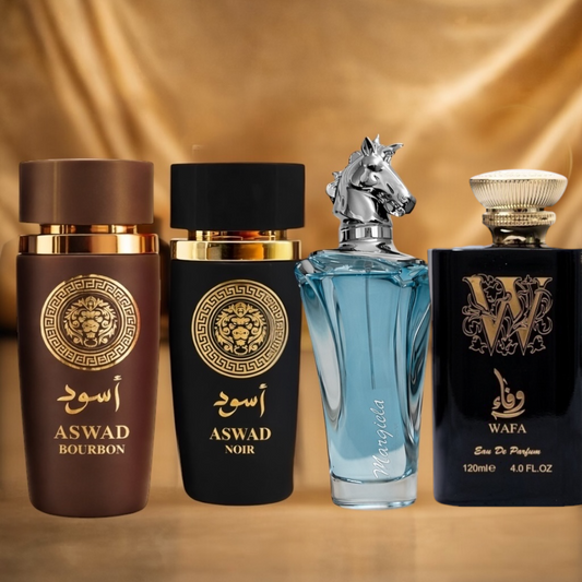 SET 4 PARFUMURI ARABESTI BARBATESTI - ASWAD BOURBON, ASWAD NOIR, WAFA, MARGIELA BLUE