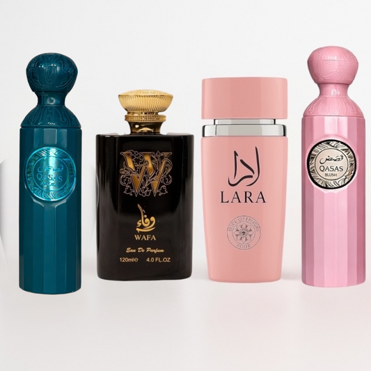 SET 4 PARFUMURI (DAMA + BARBATESTI) - QASAS BLUSH + WAFA + QASAS AMORA + LARA