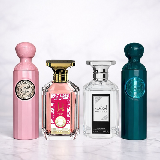 SET 2 PARFUMURI DAMA + 2 BARBATESTI - QASAS BLUSH + YARA + AMEERAT AL ARAB + QASAS AMORA