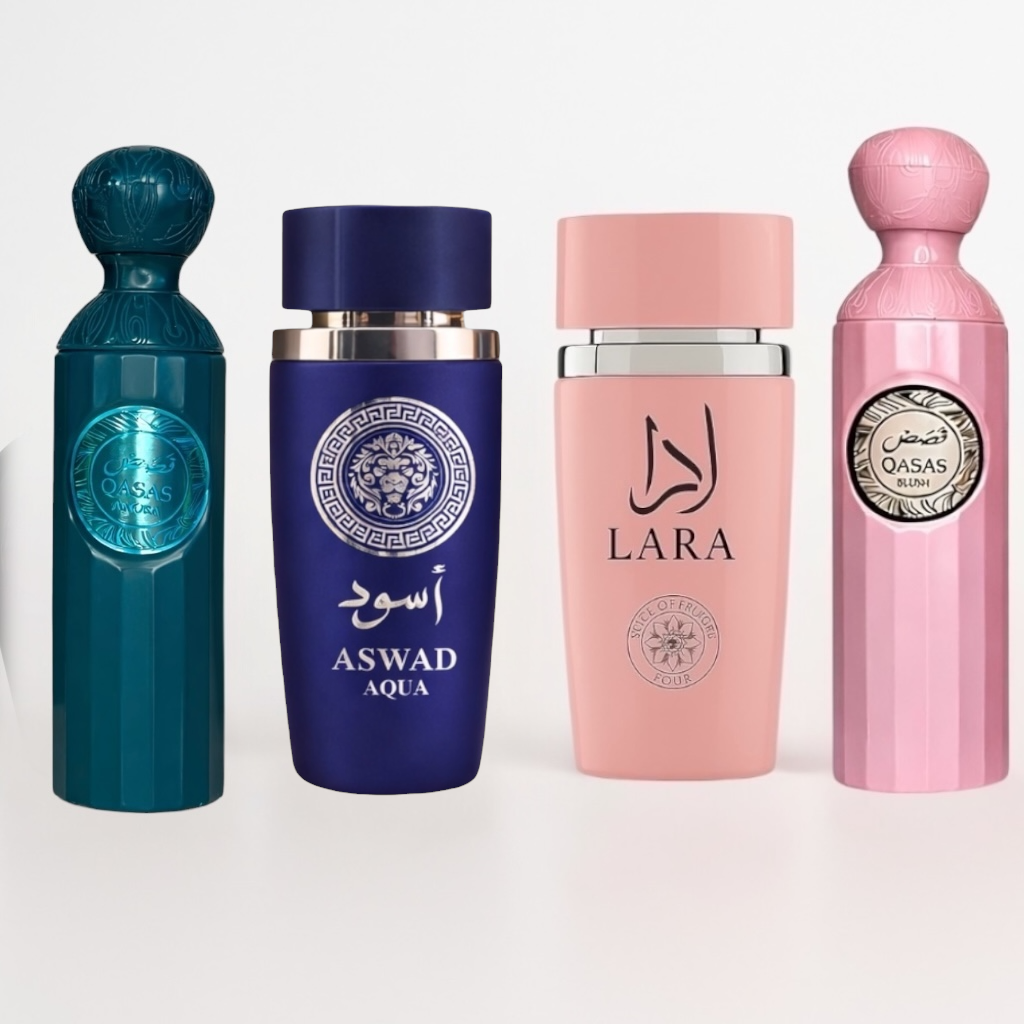 SET 4 PARFUMURI (DAMA + BARBATESTI) - QASAS BLUSH + ASWAD AQUA + QASAS AMORA + LARA