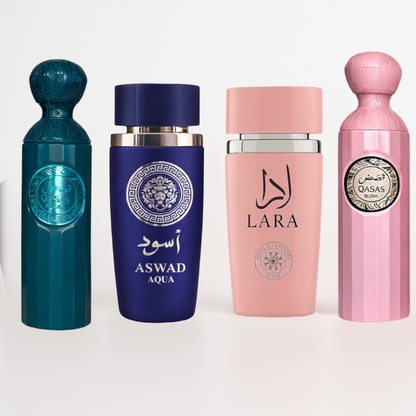 SET 4 PARFUMURI (DAMA + BARBATESTI) - QASAS BLUSH + ASWAD AQUA + QASAS AMORA + LARA