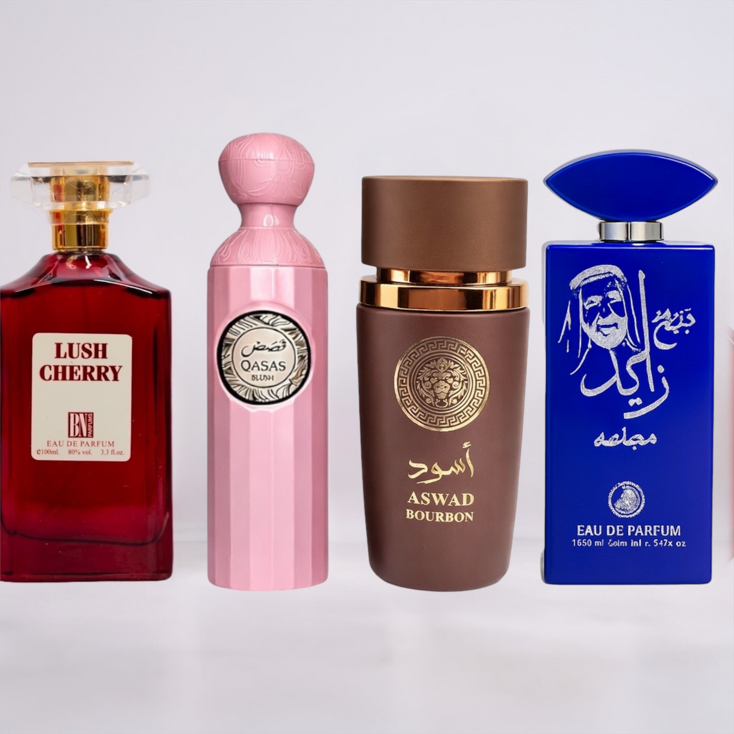 SET 2 PARFUMURI DAMĂ + 2 PARFUMURI BĂRBAȚI - Lush Cherry, Qasas Blush, Aswad Bourbon, Sheikh Zayed Albastru
