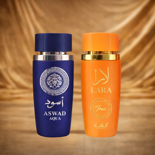 SET 1 PARFUM DE DAMA + 1 PARFUM BARBATESC - ASWAD AQUA + LARA TOUS