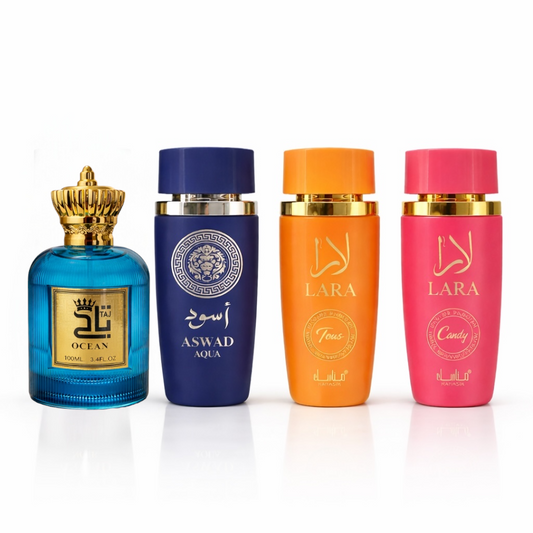 SET 4 PARFUMURI - LARA TOUS, LARA CANDY, OCEAN, ASWAD BLUE (dama + bărbați)