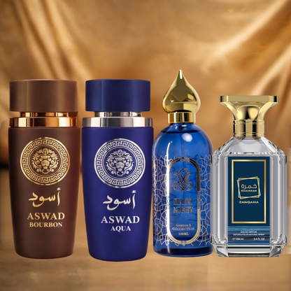 SET 4 PARFUMURI ARABESTI BARBATESTI - ASWAD AQUA, ASWAD BOURBON, KHAMRAH ZAMQAMA, GHALTAT NIGHT