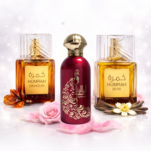 SET 3 PARFUMURI DAMA 100ml - HUMRAH BUNI + LAYALINA + HUMRAH DKHOUN