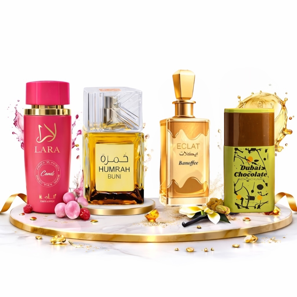 SET 4 PARFUMURI DAMA 100ML - HUMRAH BUNI + ECLAT BANOFFEE + LARA CANDY + DUBAI CHOCOLATE