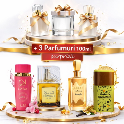 SET 7 PARFUMURI DAMA 100ML - LARA CANDY + ECLAT BANOFFEE +HUMRAH BUNI +DUBAI CHOCOLATE + 3 SURPRIZA