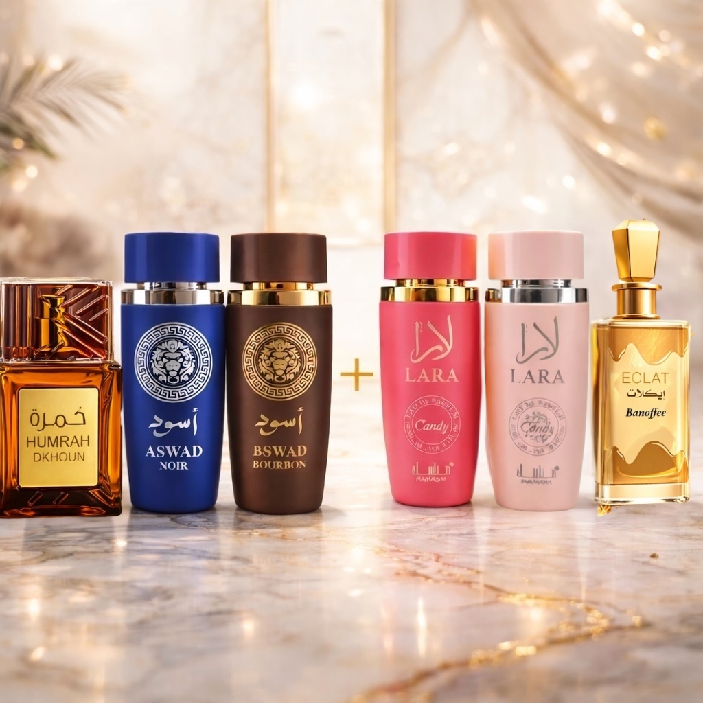 SET 6 PARFUMURI (3 DAMA + 3 BARBATESTI) - LARA CANDY + LARA TOUS + ECLAT BANOFFEE + ASWAD AQUA + ASWAD BOURBON + HUMRAH DKHOUN
