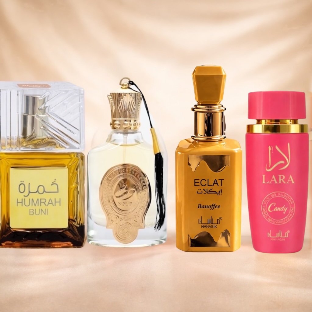 SET 4 PARFUMURI DAMĂ 100ml - NOUF + LARA CANDY + HUMRAH BUNI + ECLAT BANOFFEE