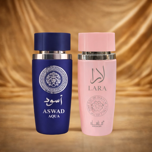 SET 1 PARFUM DE DAMA + 1 PARFUM BARBATESC - ASWAD AQUA + LARA