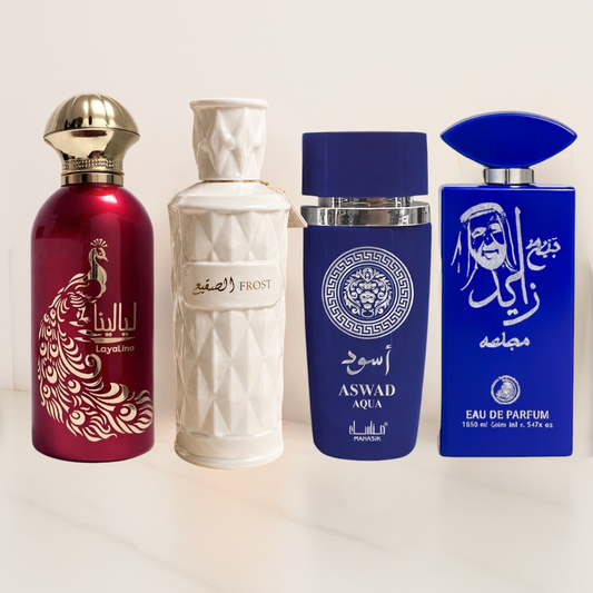 SET 4 PARFUMURI (DAMA+BARBATESTI) - ASWAD AQUA + LAYALINA + FROST+ SHEIKH ZAYED
