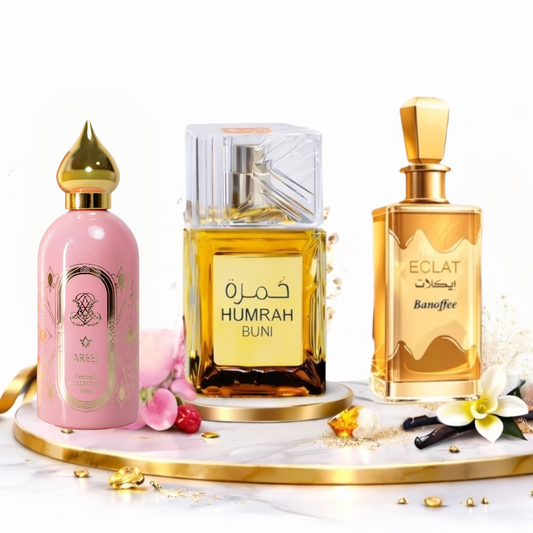 SET 3 PARFUMURI DE DAMA 100ML - HUMRAH BUNI + AREEJ + ECLAT BANOFFEE