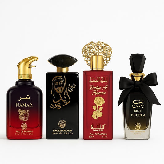 SET 4 PARFUMURI 2 DAMA + 2 BARBATI - NAMAR, SHEIKH ZAYED NEGRU, LAILAT AL HUMRA, BINT HOOREA