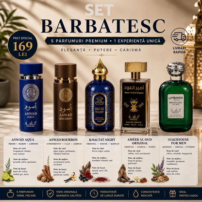 SET 5 PARFUMURI BĂRBĂTEȘTI 100ml - Aswad Aqua + Ameer al Oud + Ghaltat Night + Markhsouse + Aswad Bourbon