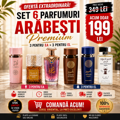 SET 6 PARFUMURI ARĂBEȘTI - Lara + Humrah Buni + Mahera + Aswad Bourbon + Ameer Al Oud White + Aswad Aqua