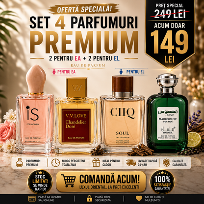 SET 4 PARFUMURI DAMĂ + BĂRBĂTEȘTI - CHANDELIER DORE + IS FOR WOMEN + CIIQ + MARKHSOUSE