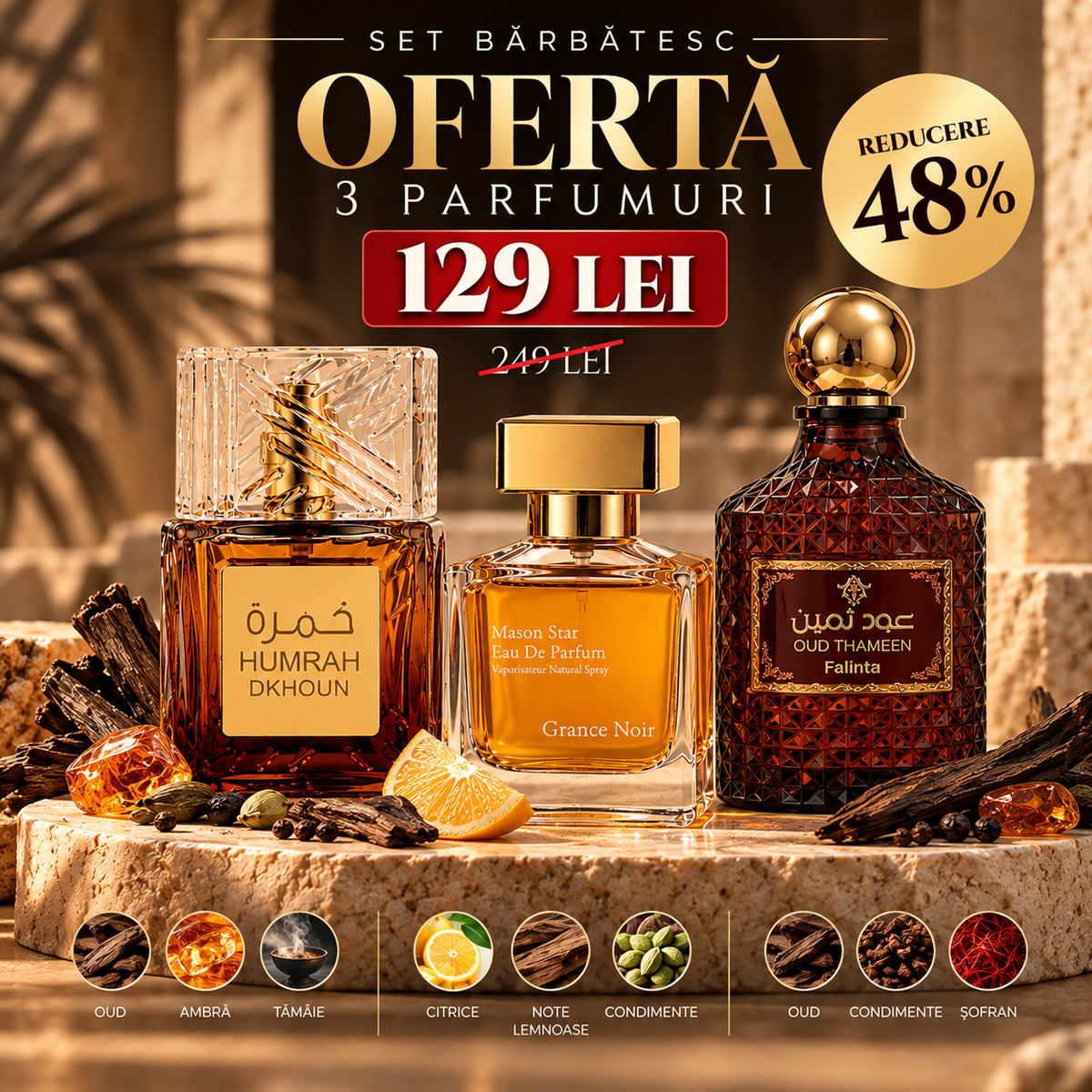 SET 3 PARFUMURI BARBATESTI - GRANCE NOIR + HUMRAH DKHOUN + OUD THAMEEN