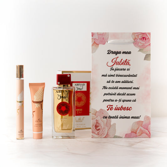 SET CADOU PENTRU IUBITA - TABLOU PERSONALIZAT + 1 PARFUM ARABESC 100ML + MINI PARFUM + CREMA