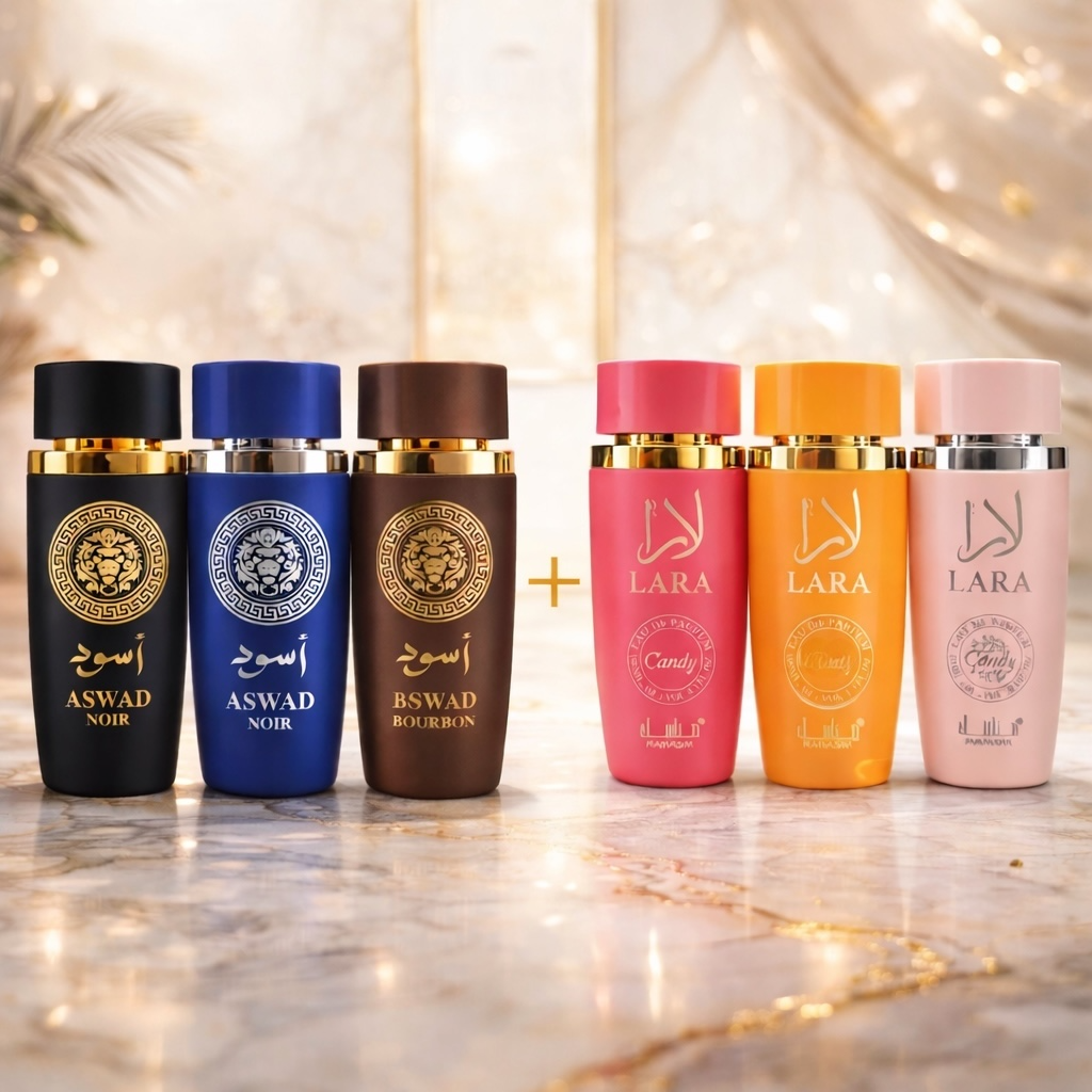 SET 6 PARFUMURI (3 DAMA + 3 BARBATESTI) - LARA X 3 + ASWAD x 3