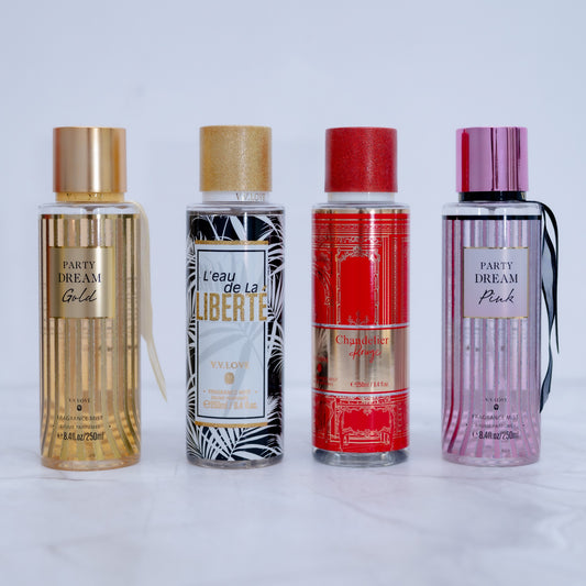 SET 4 SPRAY-URI DE CORP 250ml - Party dream Noir & Gold, L'eau de la liberte, Chandelier Rouge