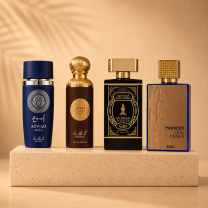 SET 4 PARFUMURI BARBATESTI 100 ml- ASWAD AQUA + QASAS LUNAIRE + ARABIAN NIGHTS + MANASIK OUD AMBER BLEU
