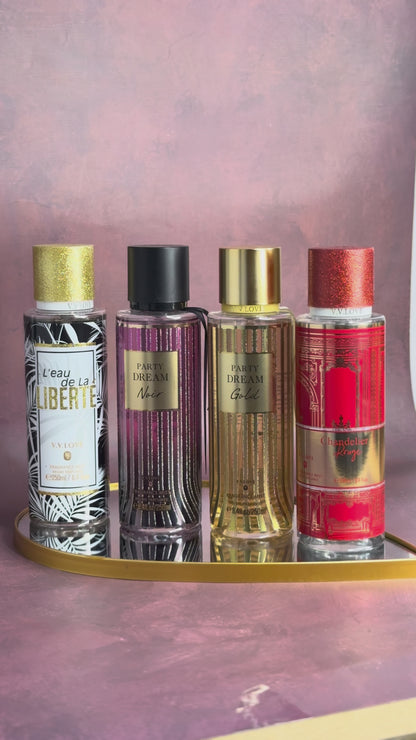 SET 4 SPRAY-URI DE CORP 250ml - Party dream Noir & Gold, L'eau de la liberte, Chandelier Rouge